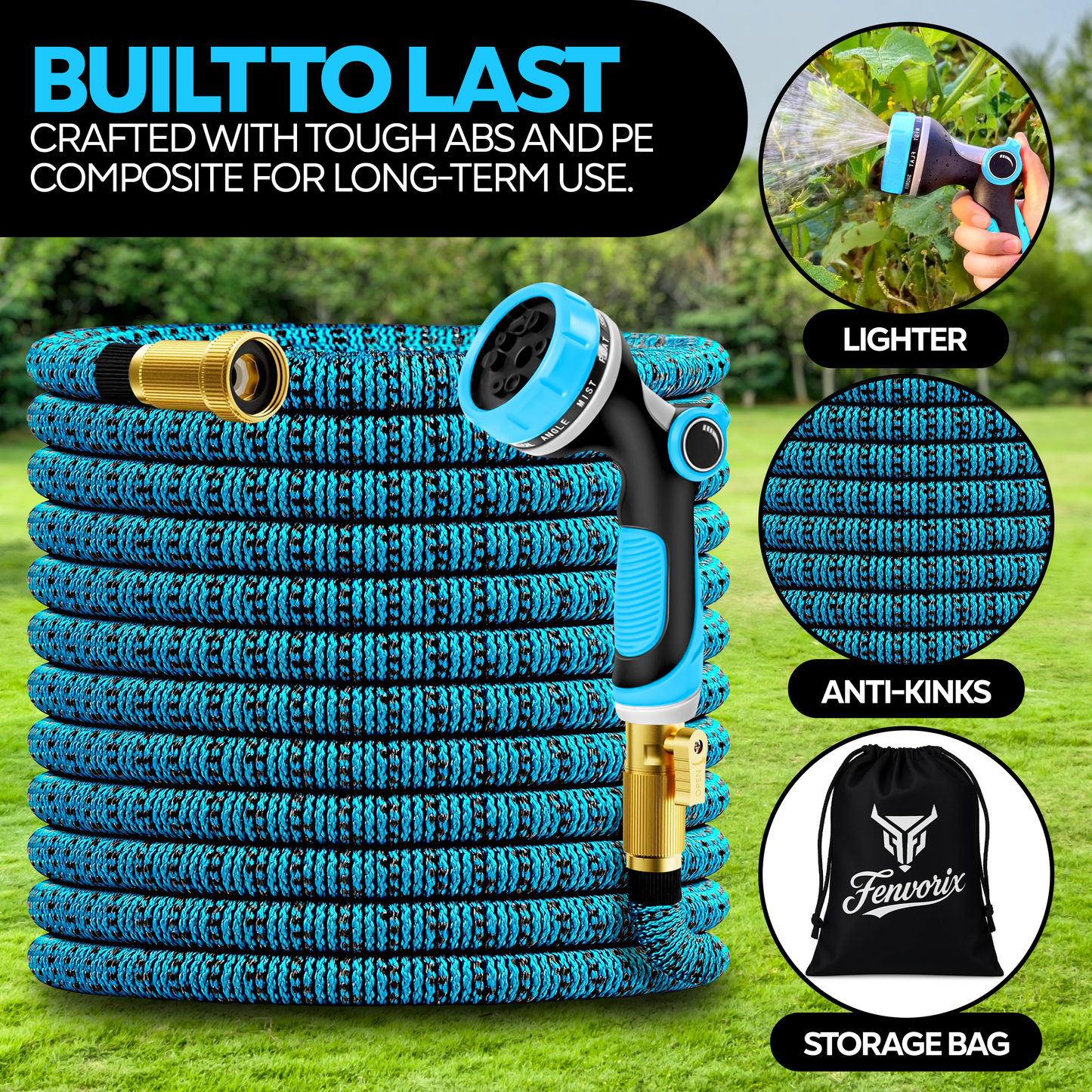 Fenvorix 100FT Expandable Garden Hose – Heavy-Duty 3750D Fabric, Triple Latex Core, 10-Mode Spray Nozzle & Brass Fittings